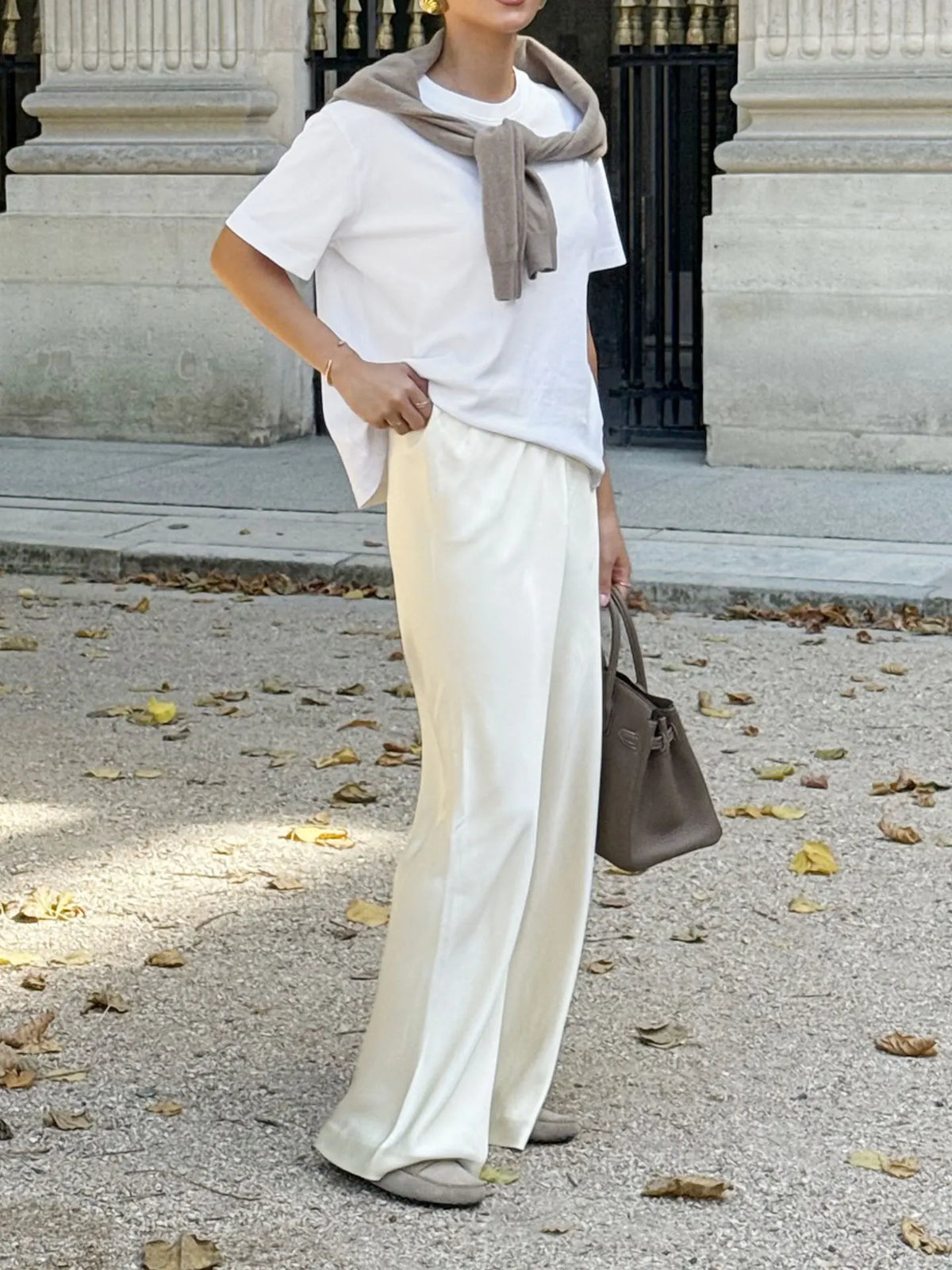 New straight leg pants with satin finish, high waisted and drooping casual pants
