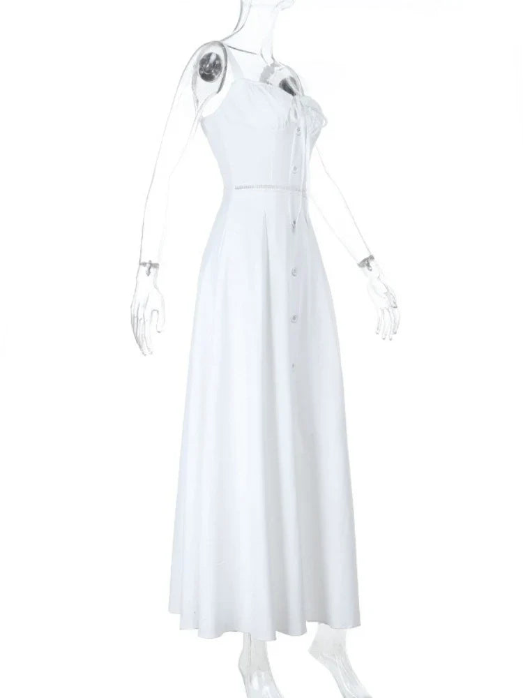Women's Elegant White Lace-up Square Neck Spaghetti Strap Sleeveless Hollow Waist Slim A Line Long Vacation Summer Dress
