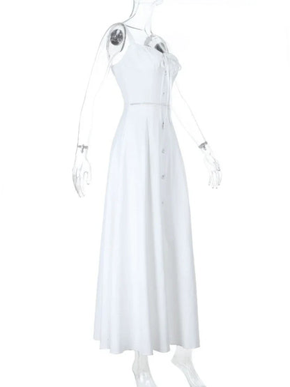 Women's Elegant White Lace-up Square Neck Spaghetti Strap Sleeveless Hollow Waist Slim A Line Long Vacation Summer Dress