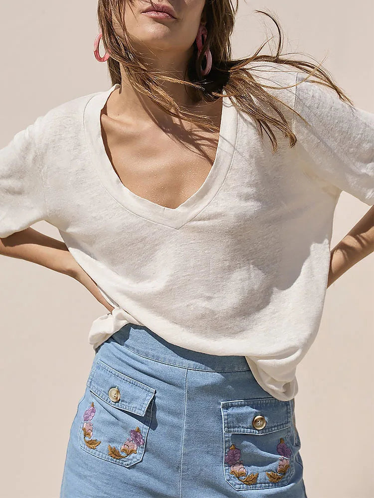 New Fashion Knitted Linen Texture Bamboo Joint Cotton Short-sleeved Loose for Women Deep V-neck Design T-shirt Top 2026 Summer