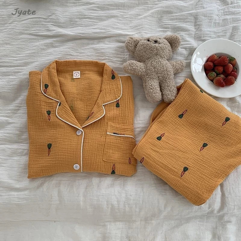 Cotton Comfort Sleepwear Casual Women Pajamas Spring Summer Cherry Print Cute Lapel Button Shirts And Pant Two Piece Sets