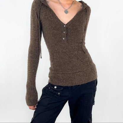 Y2K Brown V-neck Hooded Sweater Vintage Basic Slim Button Up Knitted Pullovers Autumn Casual Streetwear Outfits Lady