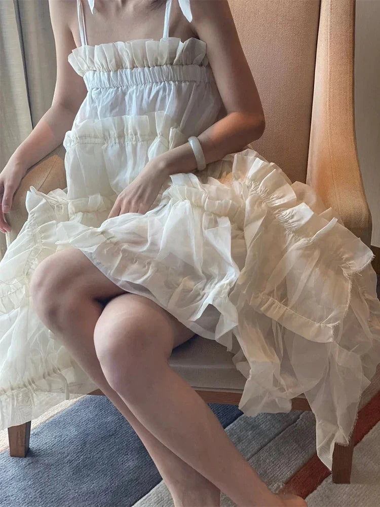 Dark Black Suspender Summer Dress for Women Irregular Ruffles Sweet Fairycore White Dresses Fashion Chic Lady Clothes