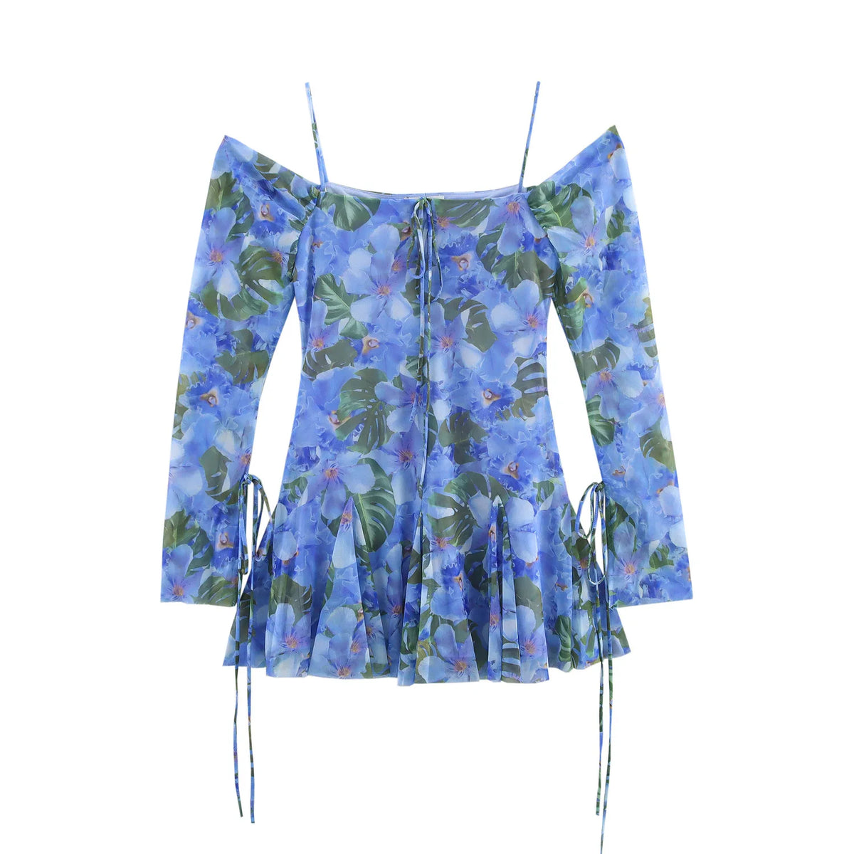 Sexy Beach Holiday Fashion Women's Dress Printed Long Sleeve Backless Lace-up Ruffled Mini Dress Fashion Summer Dress