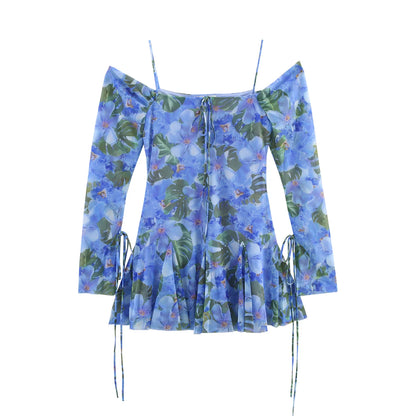 Sexy Beach Holiday Fashion Women's Dress Printed Long Sleeve Backless Lace-up Ruffled Mini Dress Fashion Summer Dress