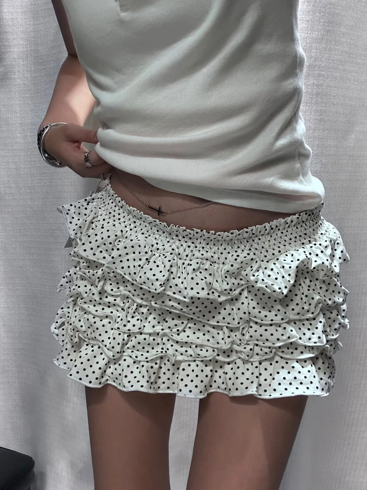 Polka Dot Tiered Skirts Women Summer Elastic Low Waist Lining Ruffles Short Faldas Vintage Sweet Ballet Preppy Style Skirt Y2K