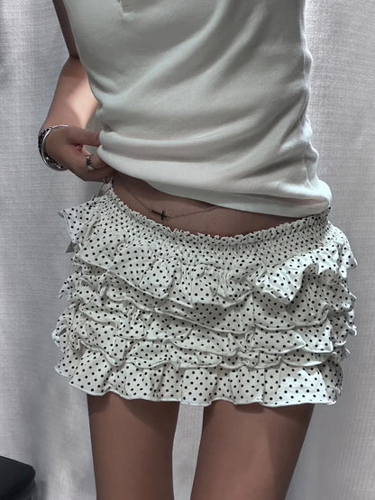 Polka Dot Tiered Skirts Women Summer Elastic Low Waist Lining Ruffles Short Faldas Vintage Sweet Ballet Preppy Style Skirt Y2K
