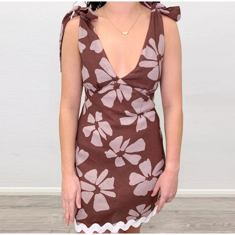 Sexy Printed V-neck Short Dresses Women Lace Up Sleeveless Backless Sling Wave Dress 2024 Summer A-line Lady Mini Party Vestidos