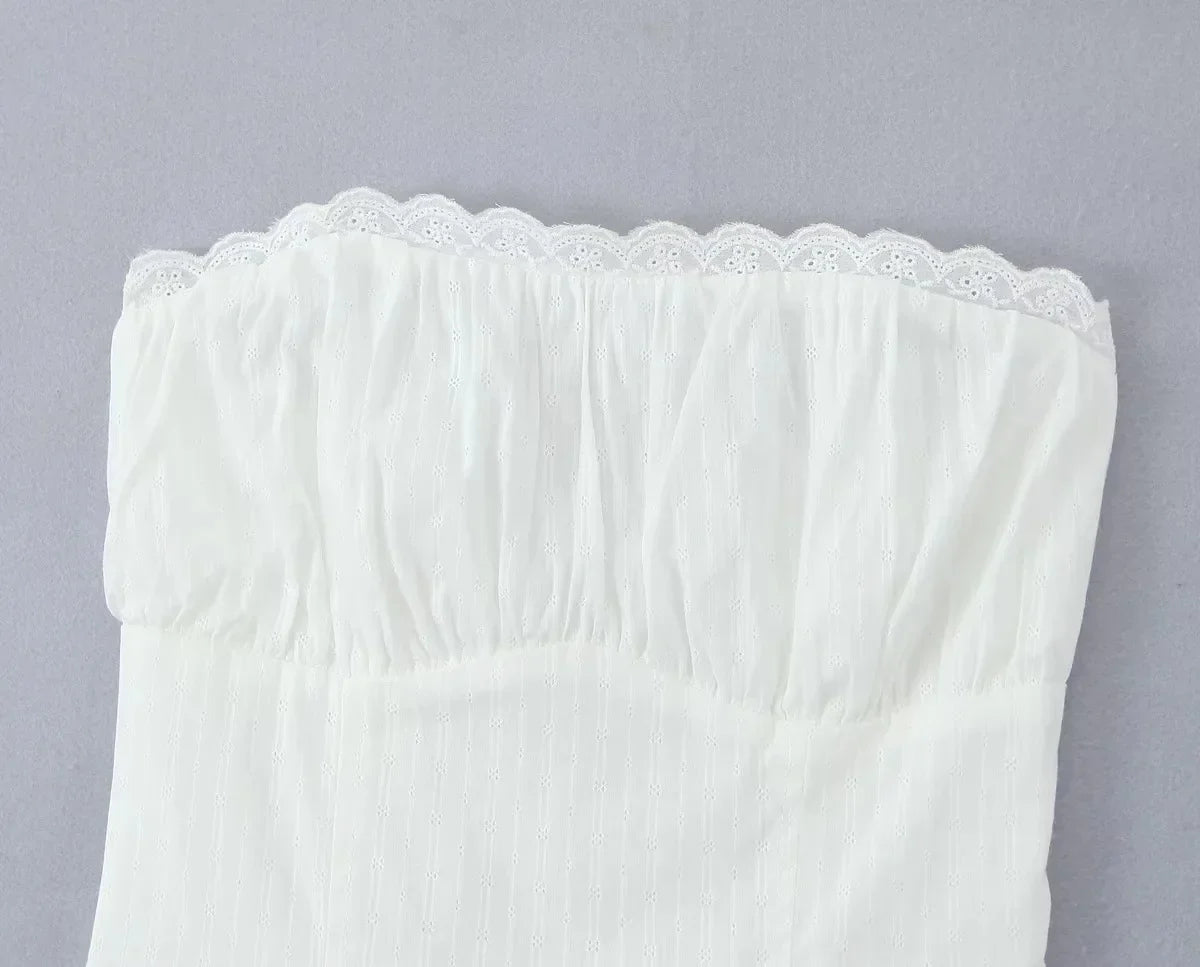 Lace Trim Patchwork White Dresses For Women New Strapless Sleeveless Tiered Mini Dress Summer Sweet Fashion Sexy A-line Vestidos