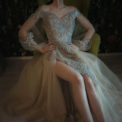 Champagne Evening Gowns Applique Beads Maxi Dresses With Split فساتين سهره فاخره Fairy Style Prom Gowns Sequined Long Sleeves