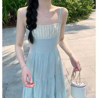 Elegant Vintage Fashion Patchwork Midi Dresses for Women Summer Beach Holiday Spaghetti Strap Casual Party Female Clothing