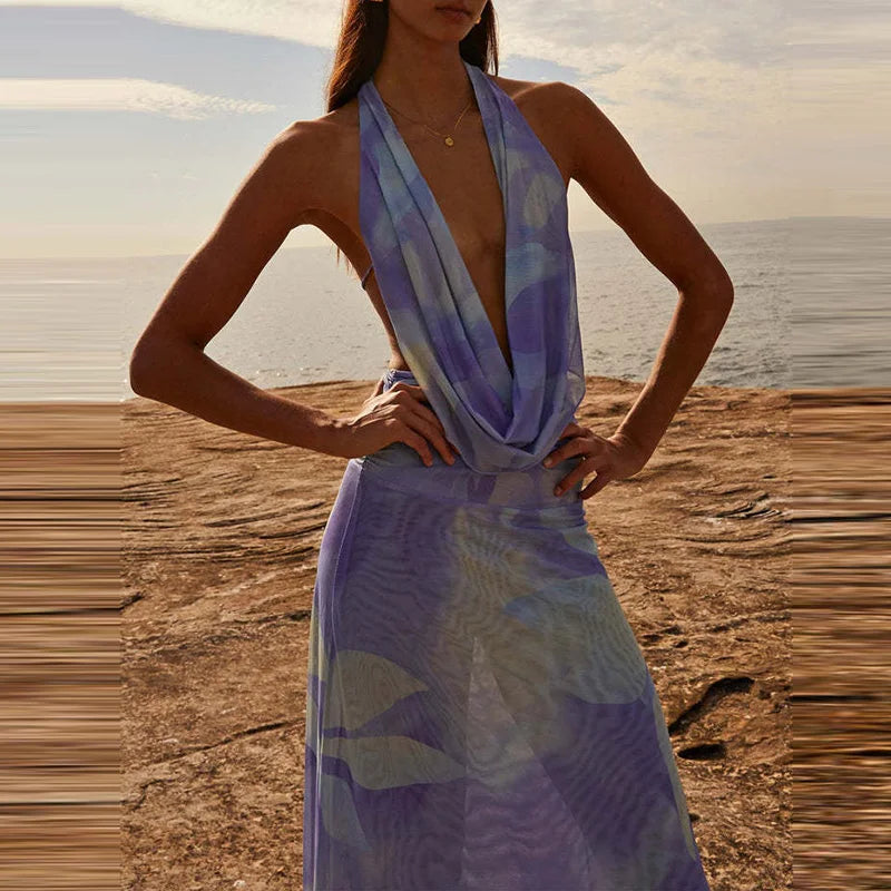 Sexy Sleeveless Printed Swinging Collar Tops&Half Skirts Sets Elegant Backless Vest High Waisted Skirts 2PC Sets Summer Outfits