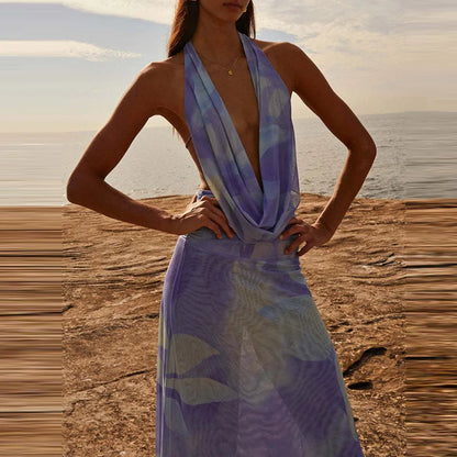 Sexy Sleeveless Printed Swinging Collar Tops&Half Skirts Sets Elegant Backless Vest High Waisted Skirts 2PC Sets Summer Outfits