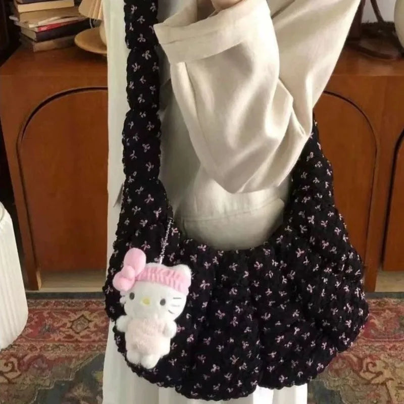 Korean Style Balletcore Bow Shoulder Bag Women Pleated Large Capacity Cloud Bag Ladies Sweet Cute Crossbody Bag New