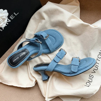 New Blue Denim Jeans Slippers Women Outdoor Mules Mid Heels Fashion Metal Buckle Designer Sandals Square Toe Ladies Slides