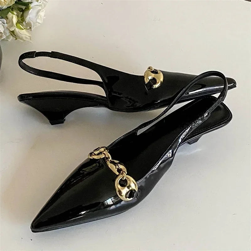 Sexy Pointed Toe Thin Low Heel Slingbacks Sandals Women Summer Elegant Metal Chain Decoration Women Pumps Casual Mules Shoes