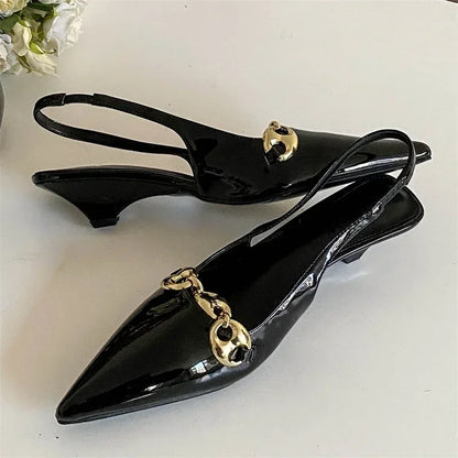 Sexy Pointed Toe Thin Low Heel Slingbacks Sandals Women Summer Elegant Metal Chain Decoration Women Pumps Casual Mules Shoes