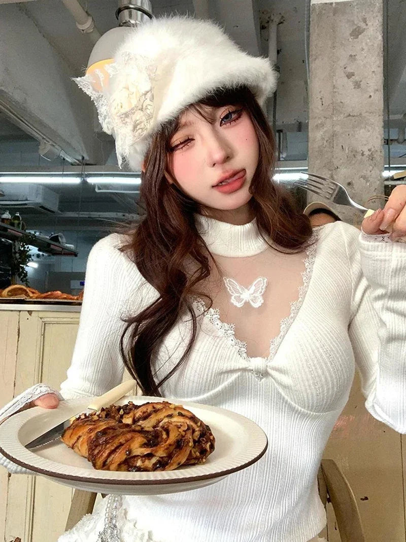 Y2K Cropped Black Sweater Women Harajuku Embroidery White Knitted Pullovers Gyaru Grunge Mesh Lace Knitwears Winter Chic Jumpers