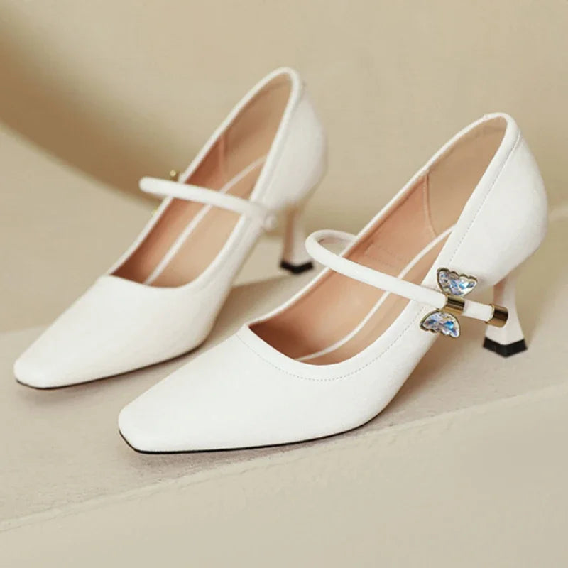 Fashion Elegant High Heels for Women Square Toe Thin Heels Office Shoes Fashion Shallow Diamond Bow Mary Jane Shoes Women Pumps