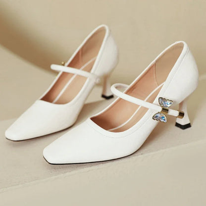 Fashion Elegant High Heels for Women Square Toe Thin Heels Office Shoes Fashion Shallow Diamond Bow Mary Jane Shoes Women Pumps