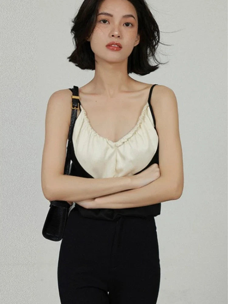 Elegant Satin Crop Top Women Black White Contrast Patchwork Backless Camis Office Lady V-neck Casual Halter Tops Summer