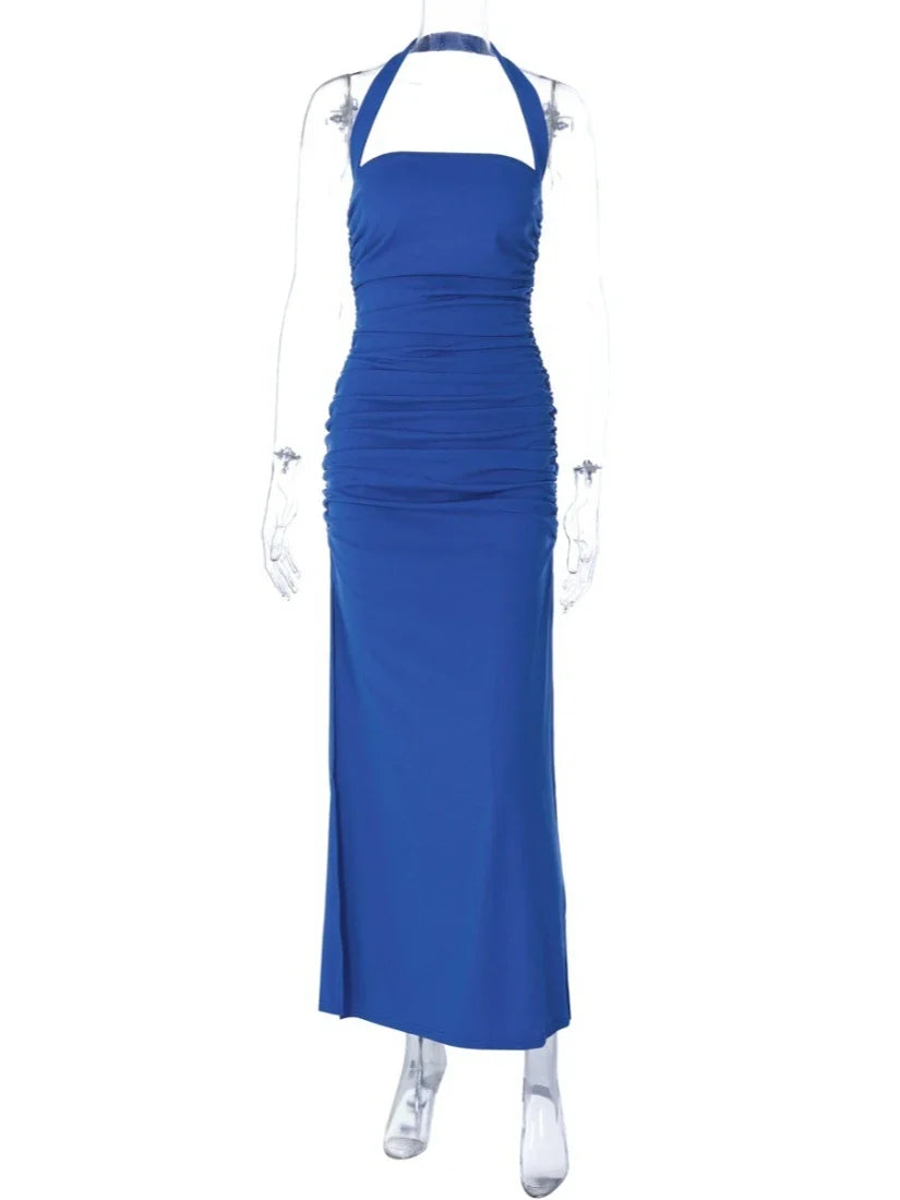 New Summer Women Dress Solid Color Halter Neck Sleeveless Backless Slim Ruched Side Split Elegant Party Long Dress