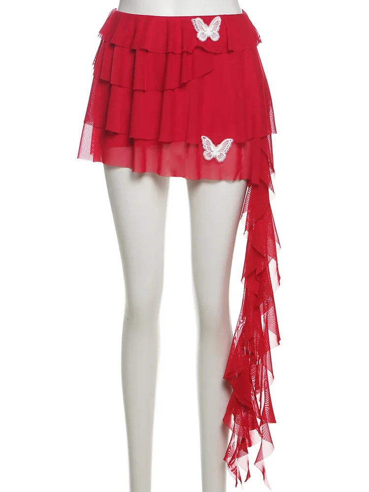 Chic Sexy 2-Piece Set Women Halter v-Neck Backless Folds Lace Vest+Tierred Tassels Butterfly Skirts Matching Party Suits