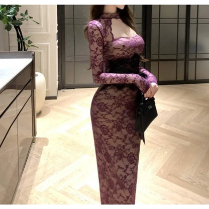 Autumn High-end Lace Leopard Print Fairy Dress New Niche Design Slim Fit Dress