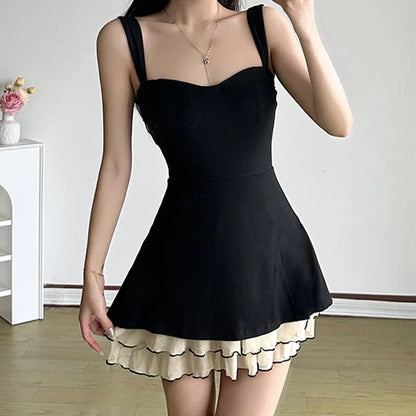 Elegant Fairycore Grunge Dress Women Hotsweet Pastel Goth Aesthetic Spaghetti Strap High Waist Patchwork A-line Dress