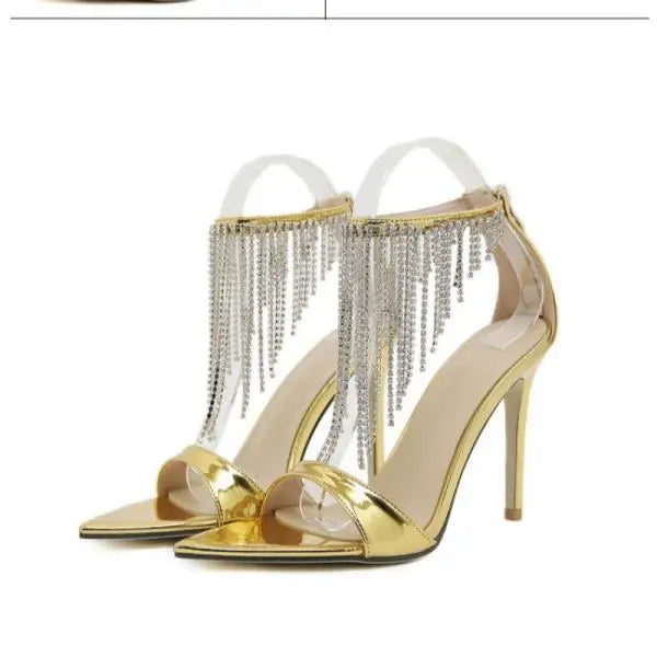 Buckle Strap Large Size 2024 Sandals Black Shoes for Women High Heels Open Toe Big New Party Beige High-heeled Rhinestone Peep C