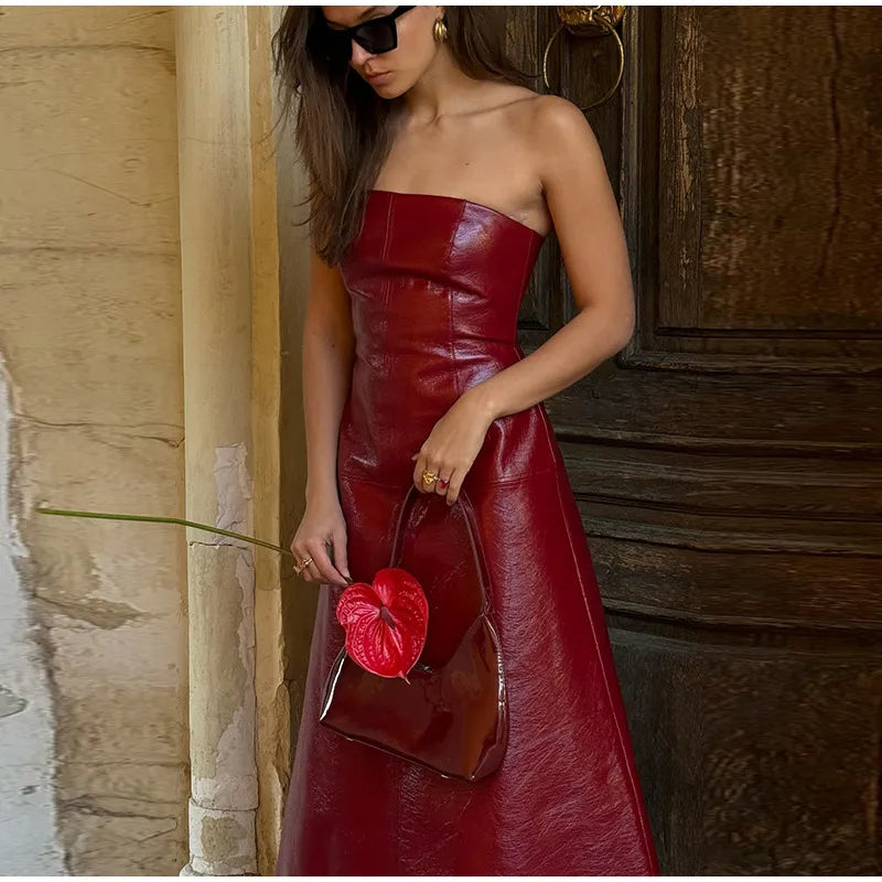PU Leather Tube Dresses Suit Coat Women's Set Vintage Solid Slim Fit Long Dress Lapel Jackets Sets Female Chic Street Outfits