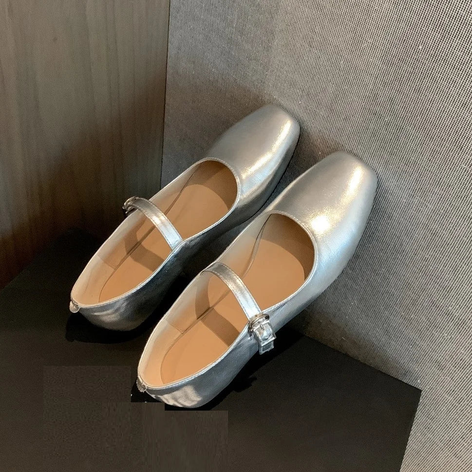 Casual Women Flats Spring Summer Office Ladies Silver Metal Color Mary Janes Shoes Woman Retro Style Concise Comfortable Flats