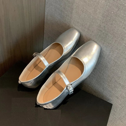 Casual Women Flats Spring Summer Office Ladies Silver Metal Color Mary Janes Shoes Woman Retro Style Concise Comfortable Flats