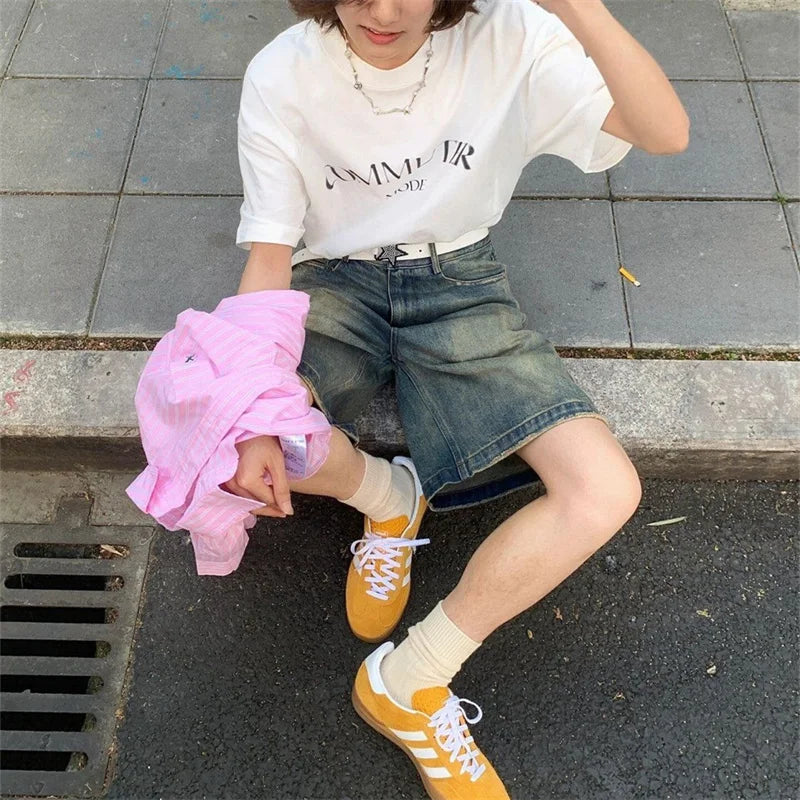 Women's A-line Blue Thin Denim Shorts Summer Young Girl High Waisted Wide Leg Bottoms Female Knee Length Simple Style Pants