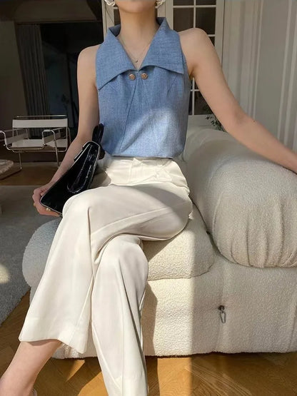 Temperament Lapel Blouse Women Sleeveless Off Shoulder Blue Shirts Office Lady Formal Elegant Fashion Tops Summer Chic