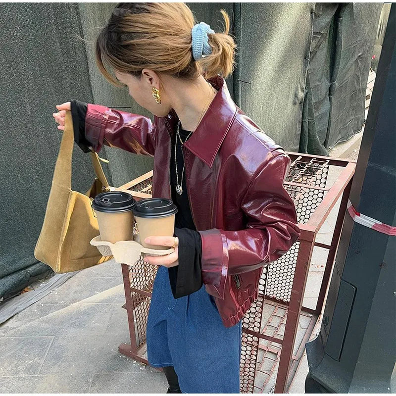 Women Elegant Ancora Red Zipper Leather Jacket 2 Piece Set Fashion High Waist Solid Cropped Mini Skirt Suit Lady Streetwear