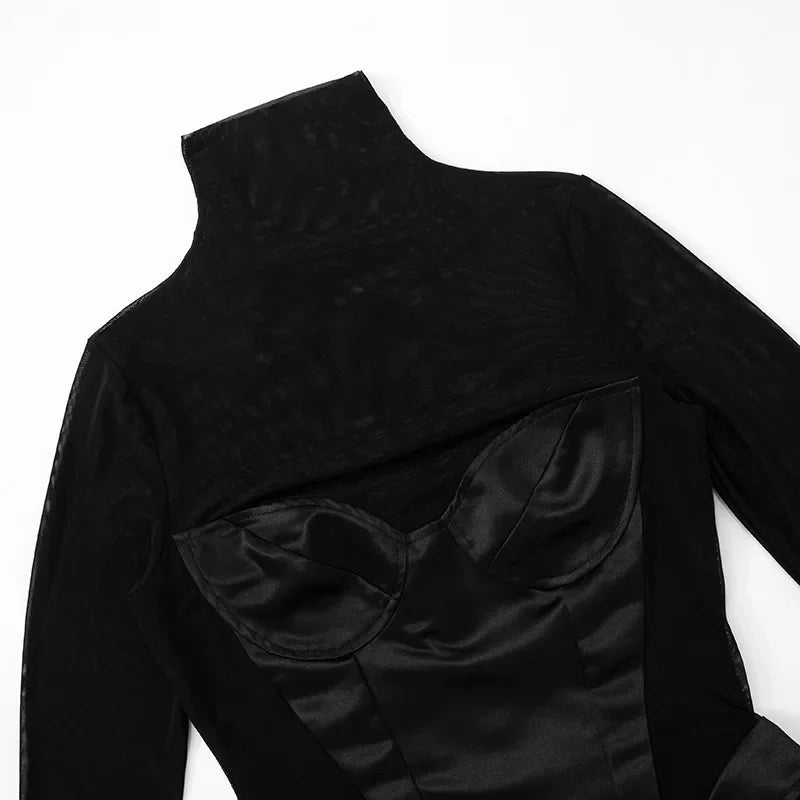 Sexy Cut Out Black Sheer Mesh Turtleneck Women Club Dresses 2025 Summer Fashion Patchwork Long Sleeve Y2K Dress Bodycon Mini