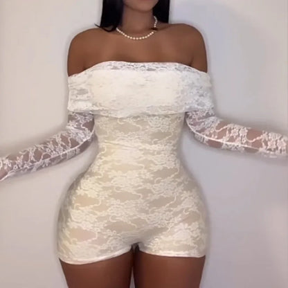 Sexy Lace See Through Off Shoulder Playsuits 2025 Spring Long Sleeve Ruched Slash Neck Jacquard Skinny Peach Hip Romper
