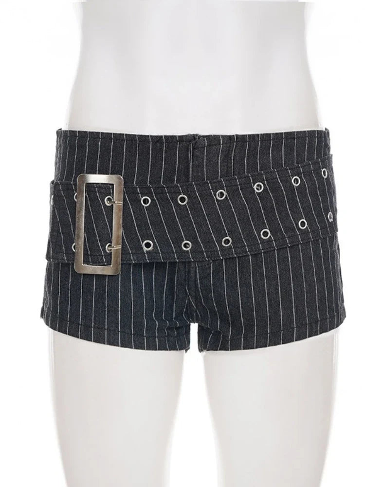 Y2K Striped Denim Shorts Women Summer Streetwear Sexy Hot Pants Metal Eyelet Belt Short Jeans Casual Party Club Outfits