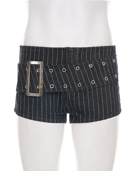 Y2K Striped Denim Shorts Women Summer Streetwear Sexy Hot Pants Metal Eyelet Belt Short Jeans Casual Party Club Outfits