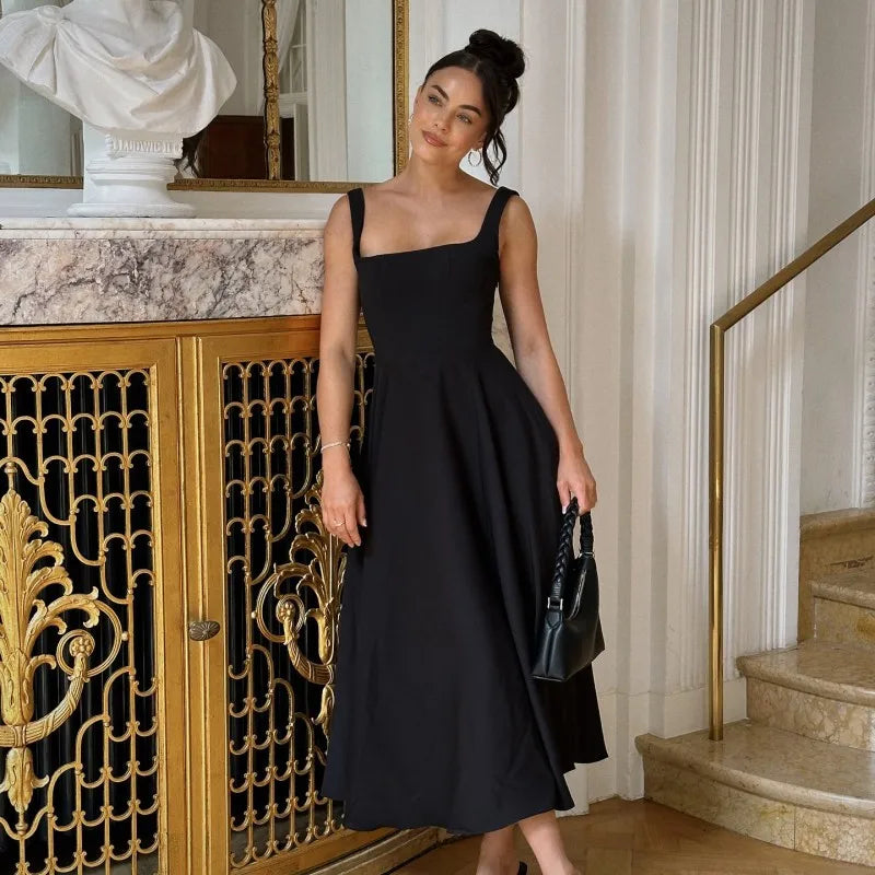 Square Neck Sleeveless A Line Fit and Flare Midi Dress