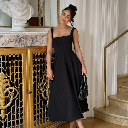 Square Neck Sleeveless A Line Fit and Flare Midi Dress