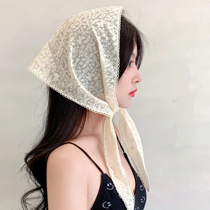 French Girl Latest White Black Sheer Lace Triangle Scarf Floral Face Veil Wedding Party Shawls Headband Headscarf Accessories