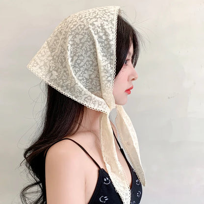 French Girl Latest White Black Sheer Lace Triangle Scarf Floral Face Veil Wedding Party Shawls Headband Headscarf Accessories