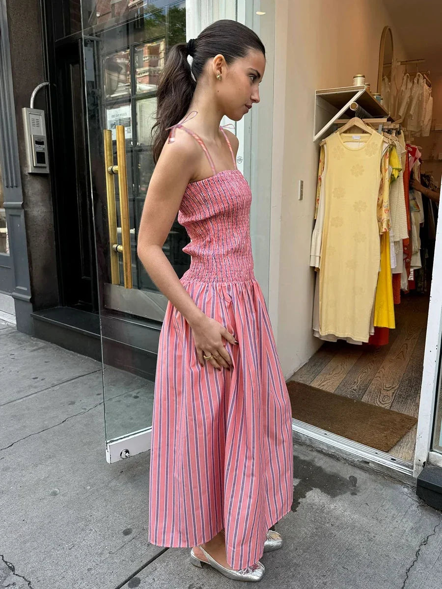 Summer Striped Holiday Long Dress Women Elegant Fashion Sleeveless Sling Dresses Female Casual Simple A-line Vestidos 2024 New