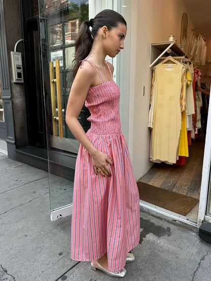 Summer Striped Holiday Long Dress Women Elegant Fashion Sleeveless Sling Dresses Female Casual Simple A-line Vestidos 2024 New