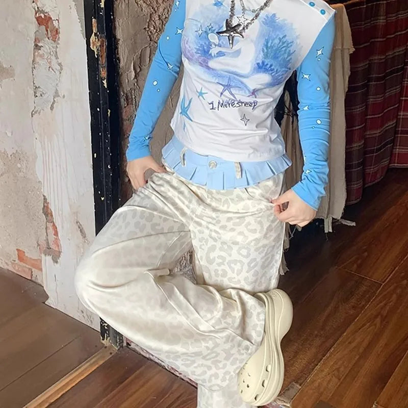 Baggy Patchwork Leopard Pants Women Y2K Harajuku High Waist Wide Leg Vintage Trousers