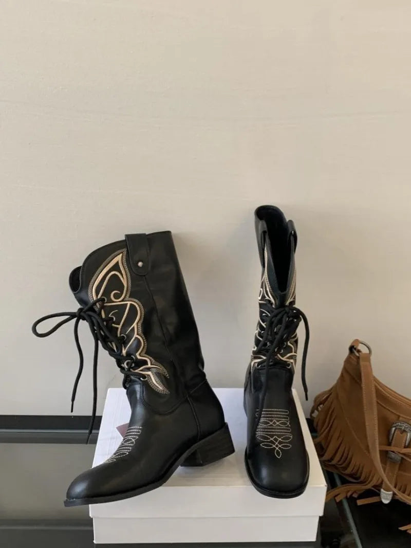 Retro Butterfly Embroidery Wedges Ankle Boots Women Fashion Rivet Sewing Lace Up Mid Calf Boots Luxury Cozy Brand Designer Boots