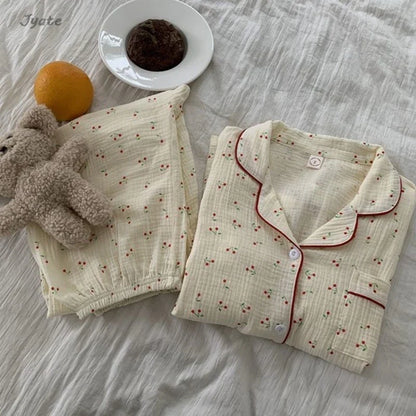Cotton Comfort Sleepwear Casual Women Pajamas Spring Summer Cherry Print Cute Lapel Button Shirts And Pant Two Piece Sets