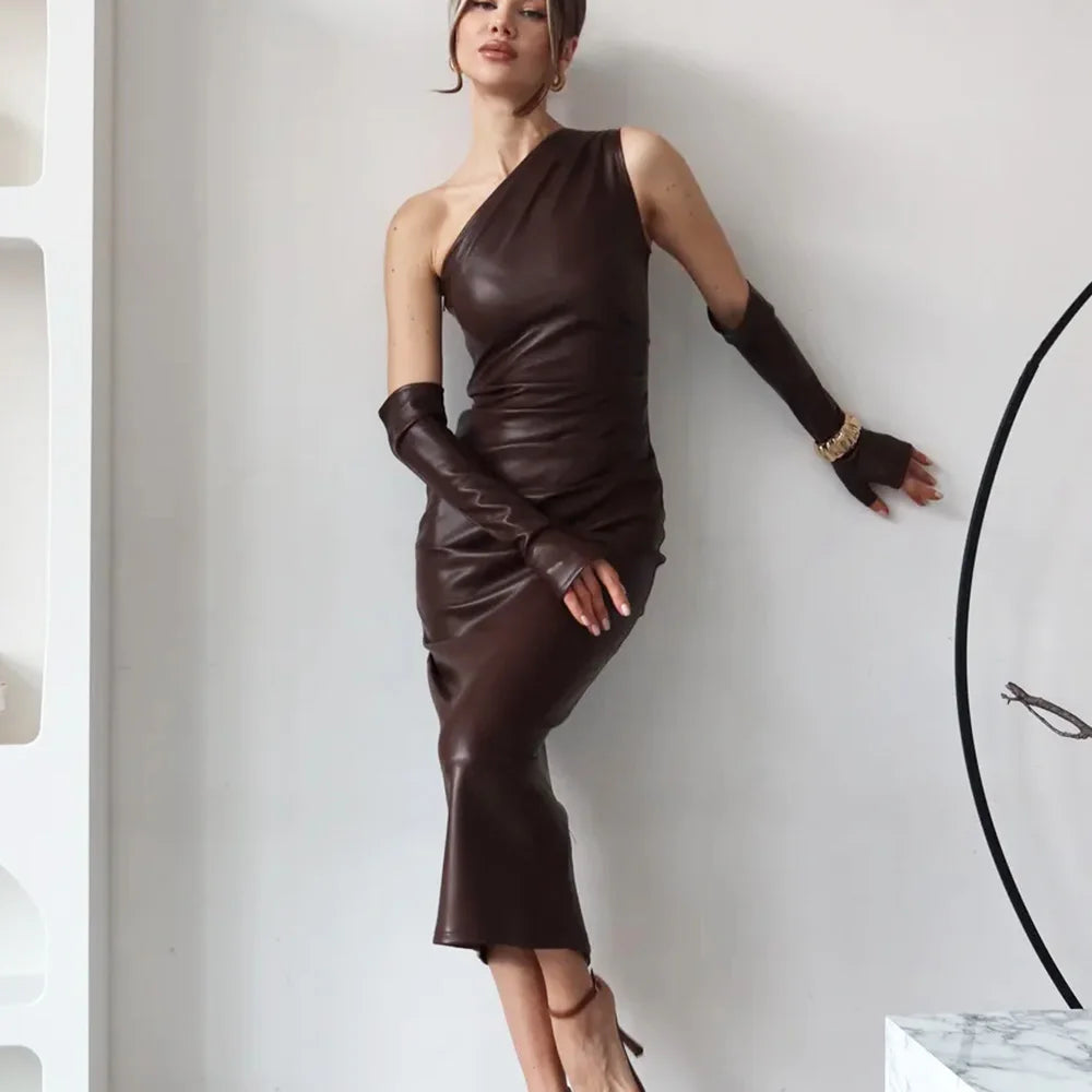 Faux Leather One Shoulder Ruched Bodycon Midi Dress
